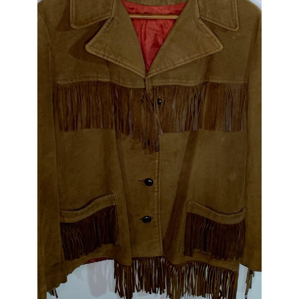 Western vintage brown jacket microsuede with real suede fringe sz 14 - Picture 4 of 5